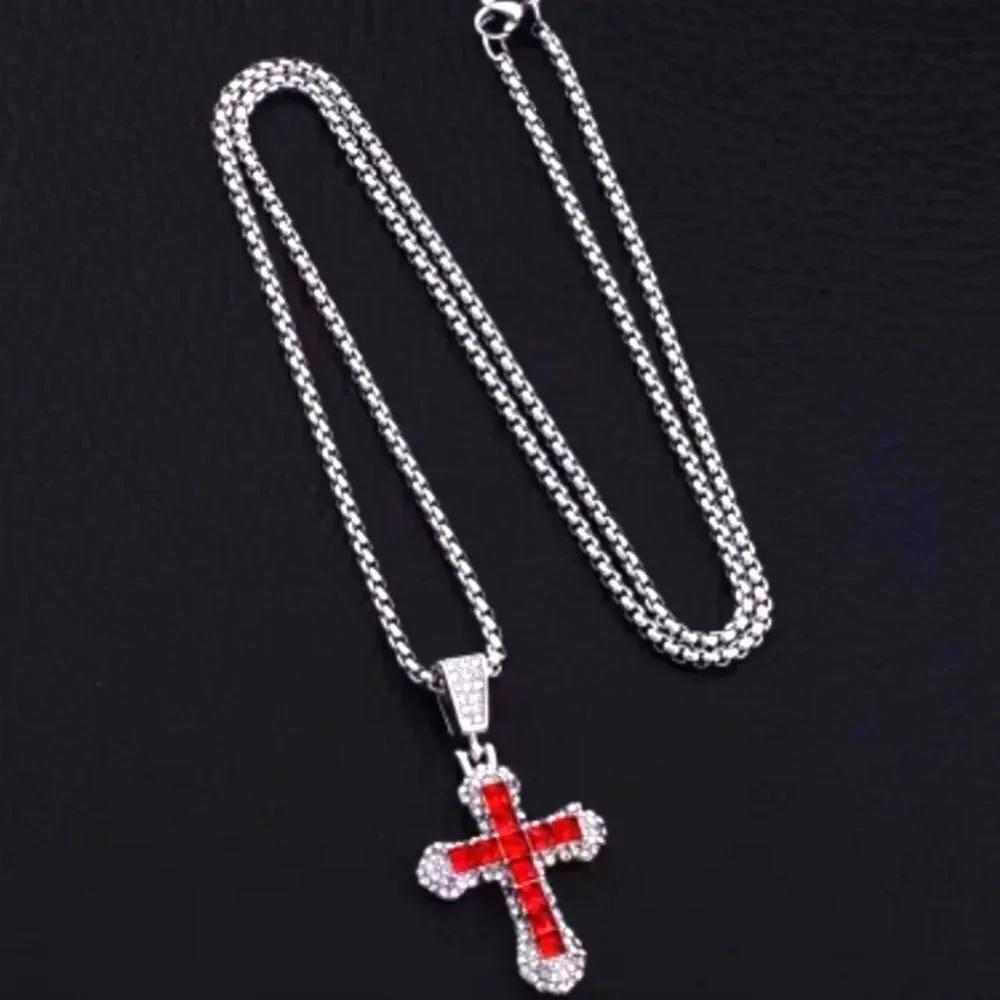 Elegant Red and Silver Cross Pendant Necklace For Adults